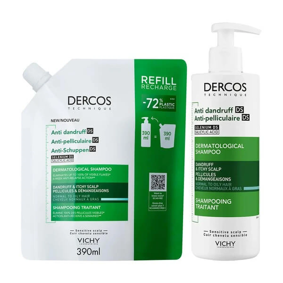 Set Vichy Dercos DS, Anti-Schuppen-Shampoo, normales und fettiges Haar, 390 ml + Nachfüllpackung, 390 ml