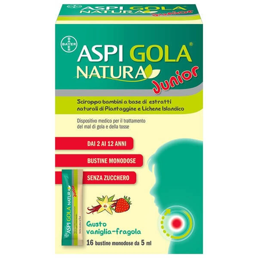 Aspi Gola Natura Junior Jarabe infantil para el dolor de garganta y la tos Vainilla y Fresa 16 sobres 5ml