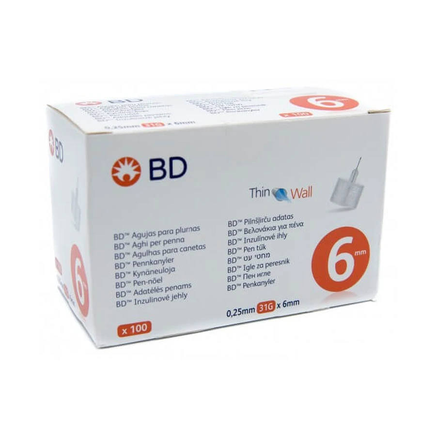 Aguja para pluma de insulina Thinwall Bd Gauge 31 6 Mm 100 Piezas