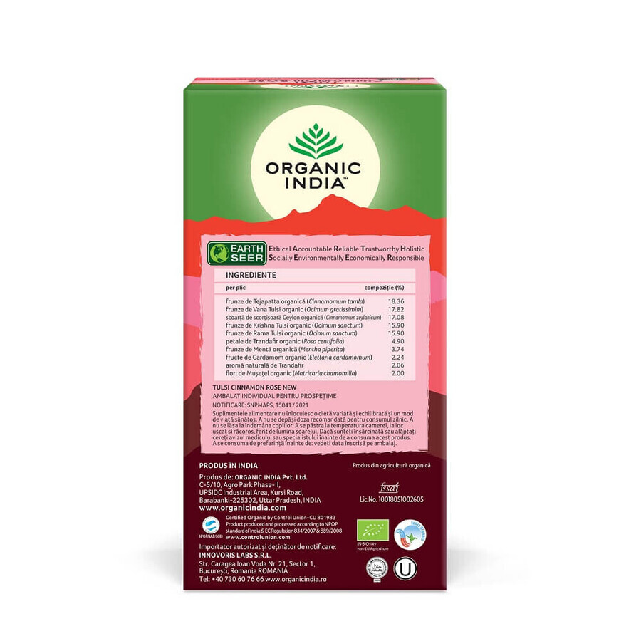 Adaptogen Tee Tulsi Ceylon Zimt und Rose, 25 Beutel, Bio Indien