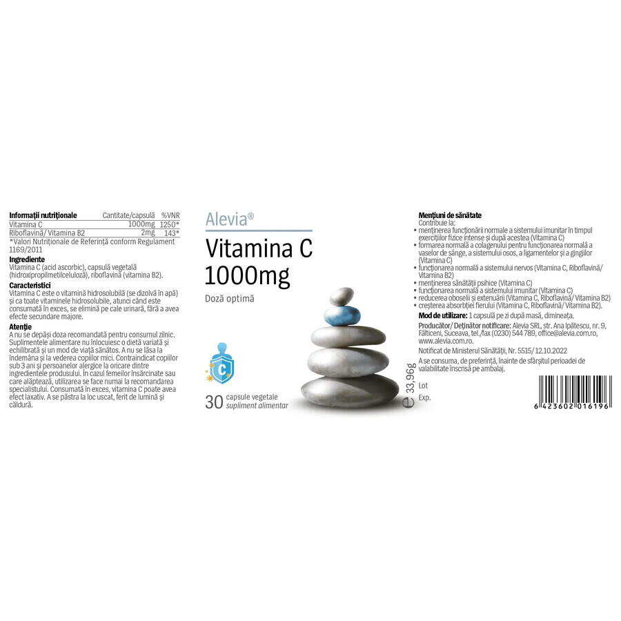 Vitamina C Retard con bioflavonoides, 1000 mg, 30 cápsulas, Alevia