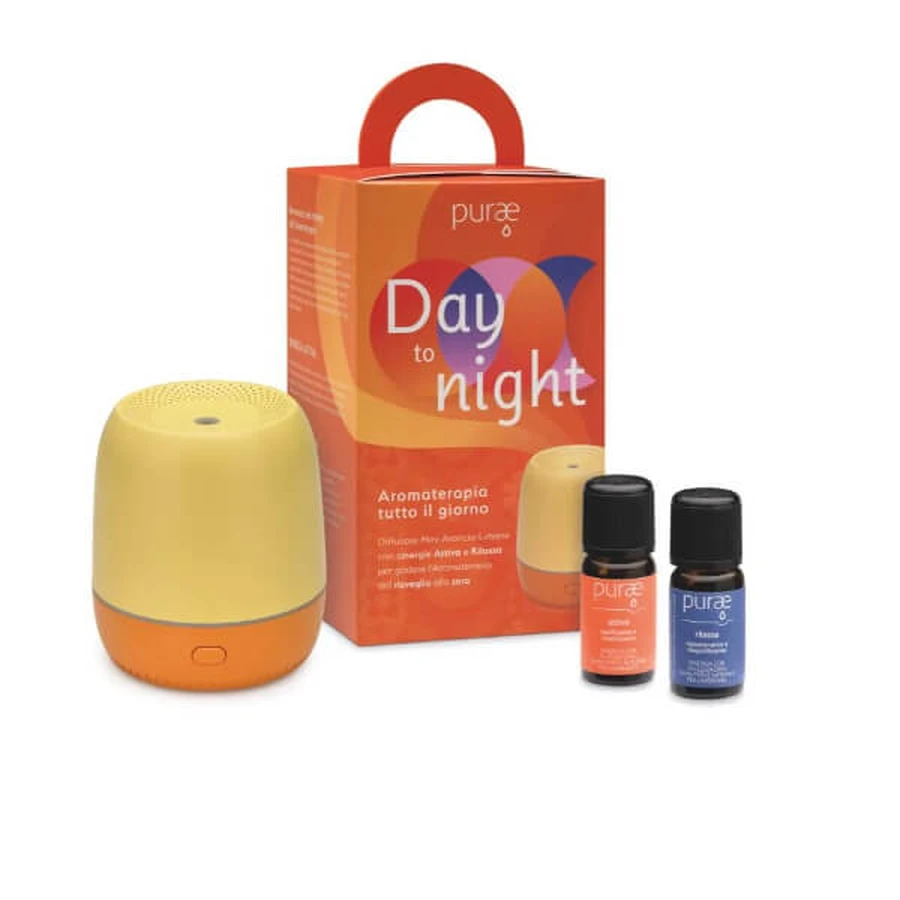 Purae Day to Night Kit Mini-Ultraschall-Diffusor Gelb und Orange Farbe + Active Synergy + Relaxing Synergy