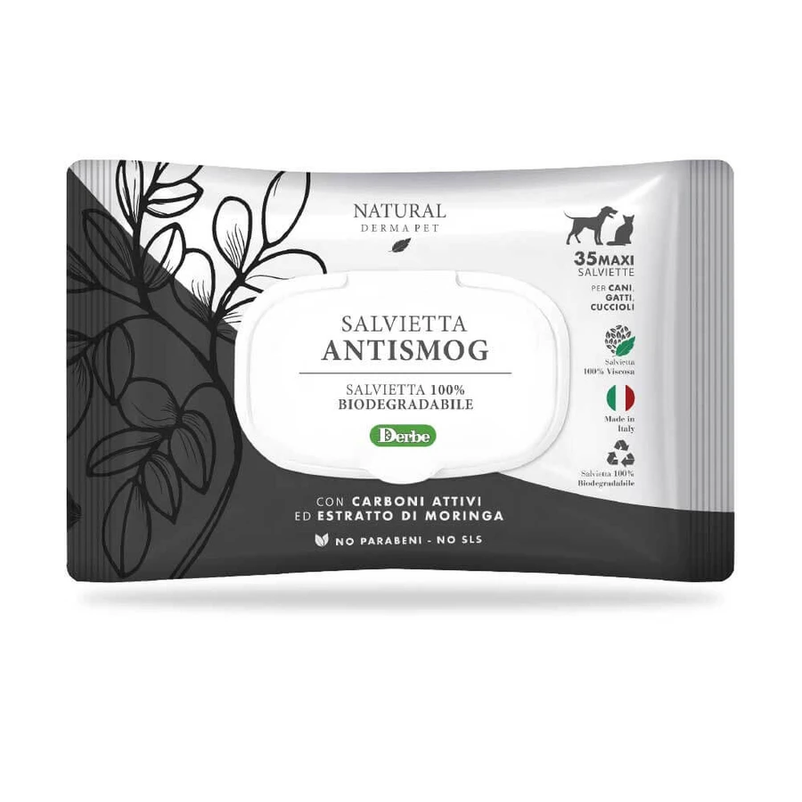 NATURAL DERMA PET WIPE "ANTISMOG" CF. (35 PCS) CHARBON ACTIF & EXTRAIT DE MORINGA