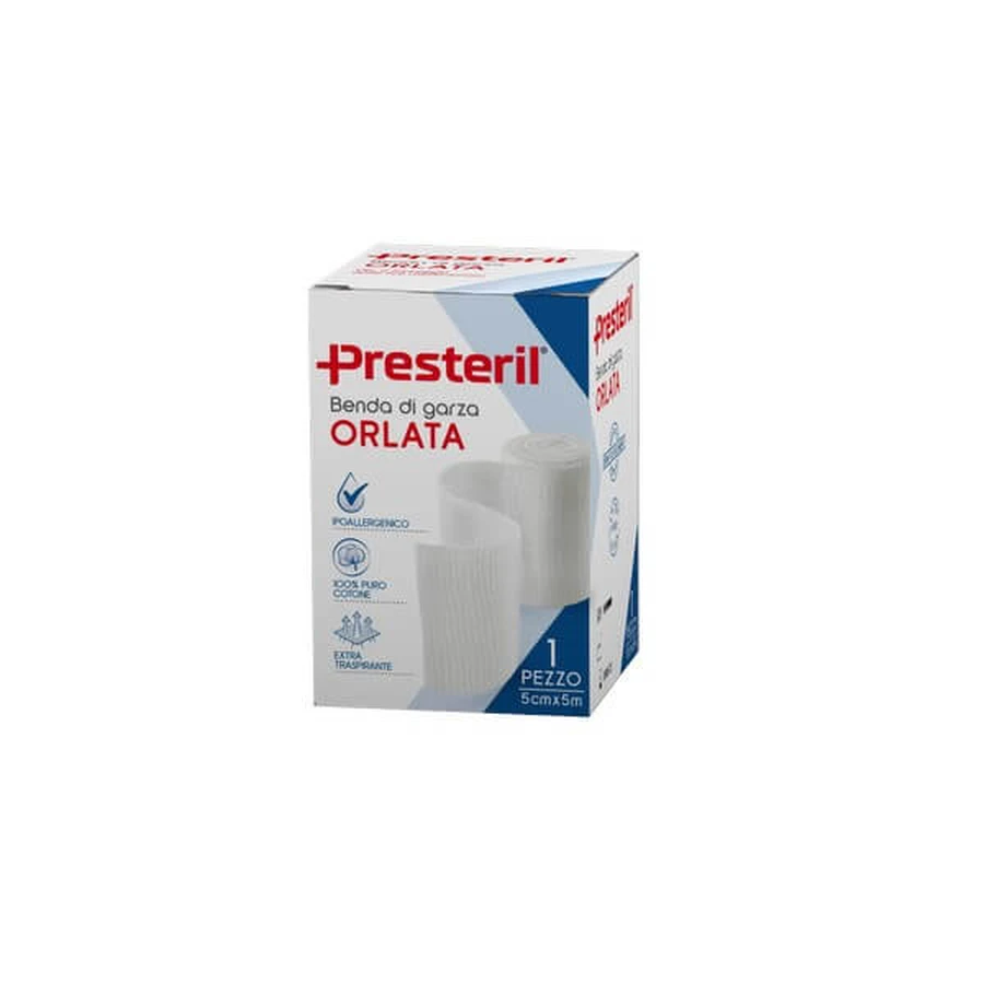 PRESTERIL Bande de gaze ourlée 12/8 F.U. 5cm x 5m - 1 pièce