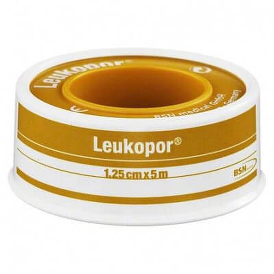 Leukopor Hypoallergenes Klebepflaster. Unterlage: Weißer Vliesstoff aus Polyester und Viskose Polyacryl-Klebstoff ohne Harze und natürliche Gummen. 1.25x500cm Gegenseitig