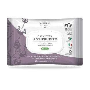 TOALLITAS DERMA NATURAL PARA MASCOTAS "ANTI-PICAZÓN" CF. (35 UDS) ACEITE DE OLIVA, ACEITE ESENCIAL DE LAVANDA Y PANTENOL