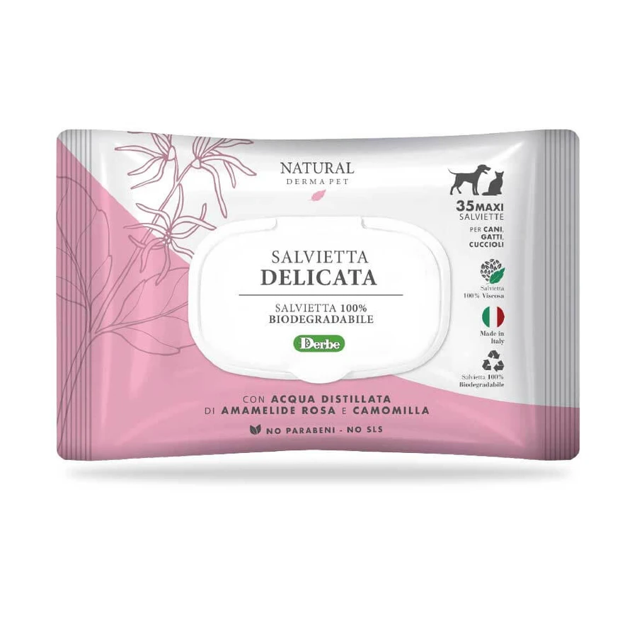 TOALLITA DERMA NATURAL PARA MASCOTAS "DELICADA" CF. (35 UDS) AGUA DESTILADA DE HAMAMELIS, ROSA Y MANZANILLA