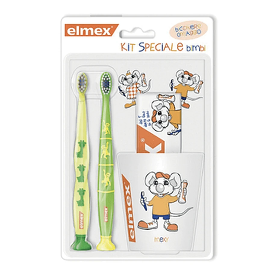 Pack spécial Kids Elmex 1 Dentifrice Elmex Bimbi 50 Ml + 2 Brosses à dents Elmex Bimbi 3 6 ans + 1 gobelet gratuit