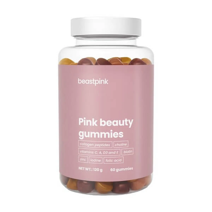 BeastPink Pink Beauty Gummies, bonbons à la gelée, saveur pamplemousse-papaye-cerise, 60 pcs.