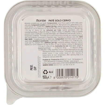 Monge Monoprotein solocervo - hrană completă pentru câini 150 g