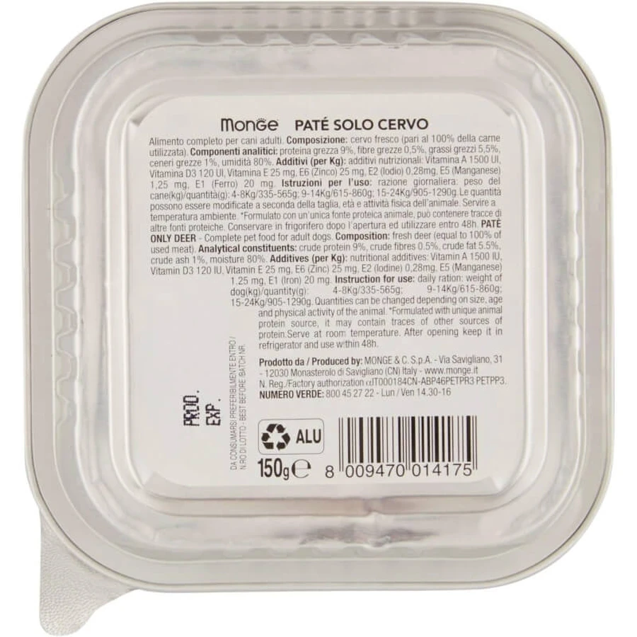 Monge Monoprotein solocervo - hrană completă pentru câini 150 g