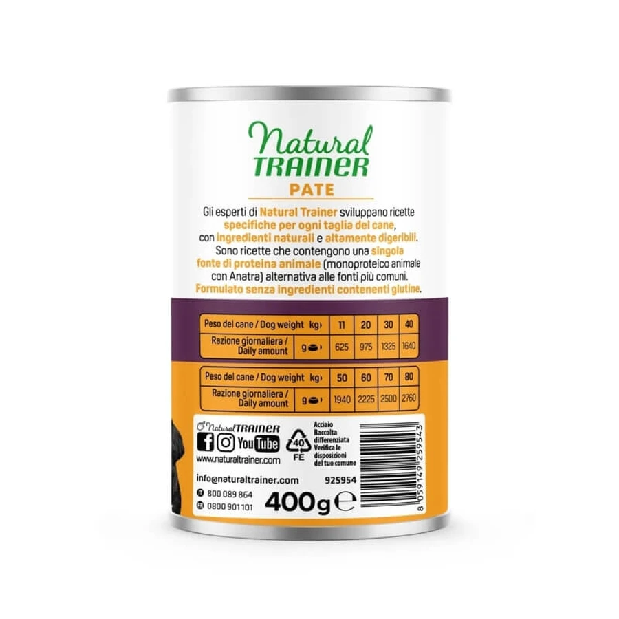 Natural trainer Sensitive zonder gluten eend - voeding voor middelgrote en grote volwassen honden 400 gr.