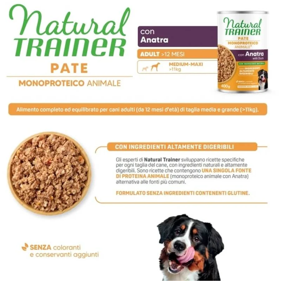 Natural trainer Sensitive zonder gluten eend - voeding voor middelgrote en grote volwassen honden 400 gr.