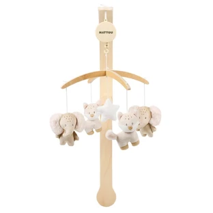 Nattou Flo, oli &amp; ernest - carusel muzical din lemn cu animale de pluș rotative - bej 50 cm