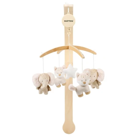 Nattou Flo, oli &amp; ernest - carusel muzical din lemn cu animale de pluș rotative - bej 50 cm