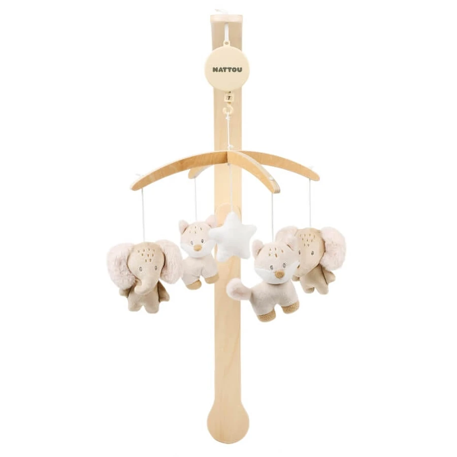 Nattou Flo, oli &amp; ernest - carusel muzical din lemn cu animale de pluș rotative - bej 50 cm