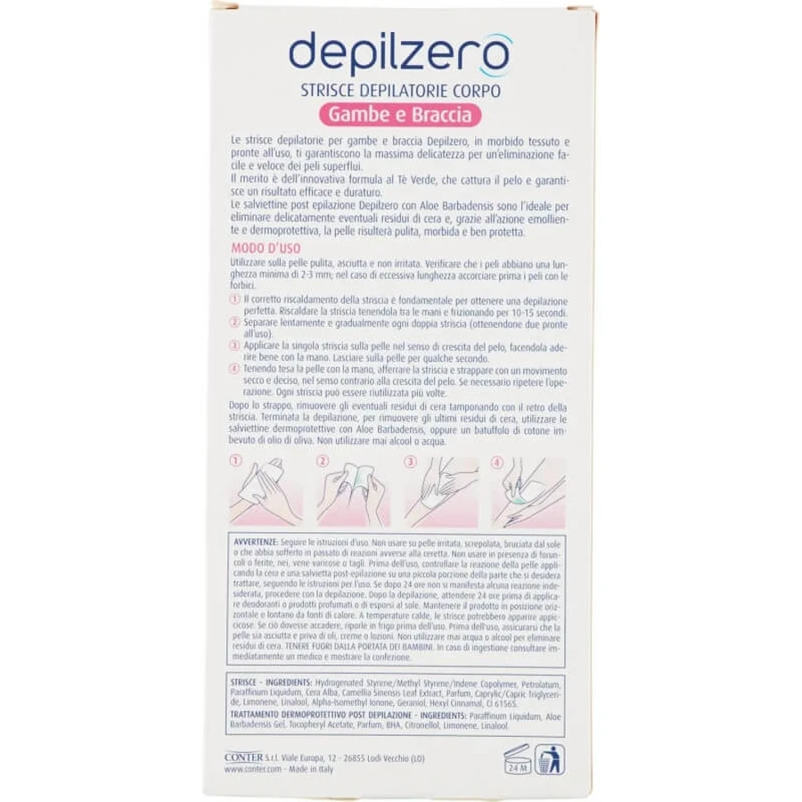 Depilzero Depilatory strips legs and arms - 20 strips + 4 post hair removal wipes