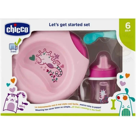 Chicco baby voeding set 6 maanden+ bord lepel en beker roze