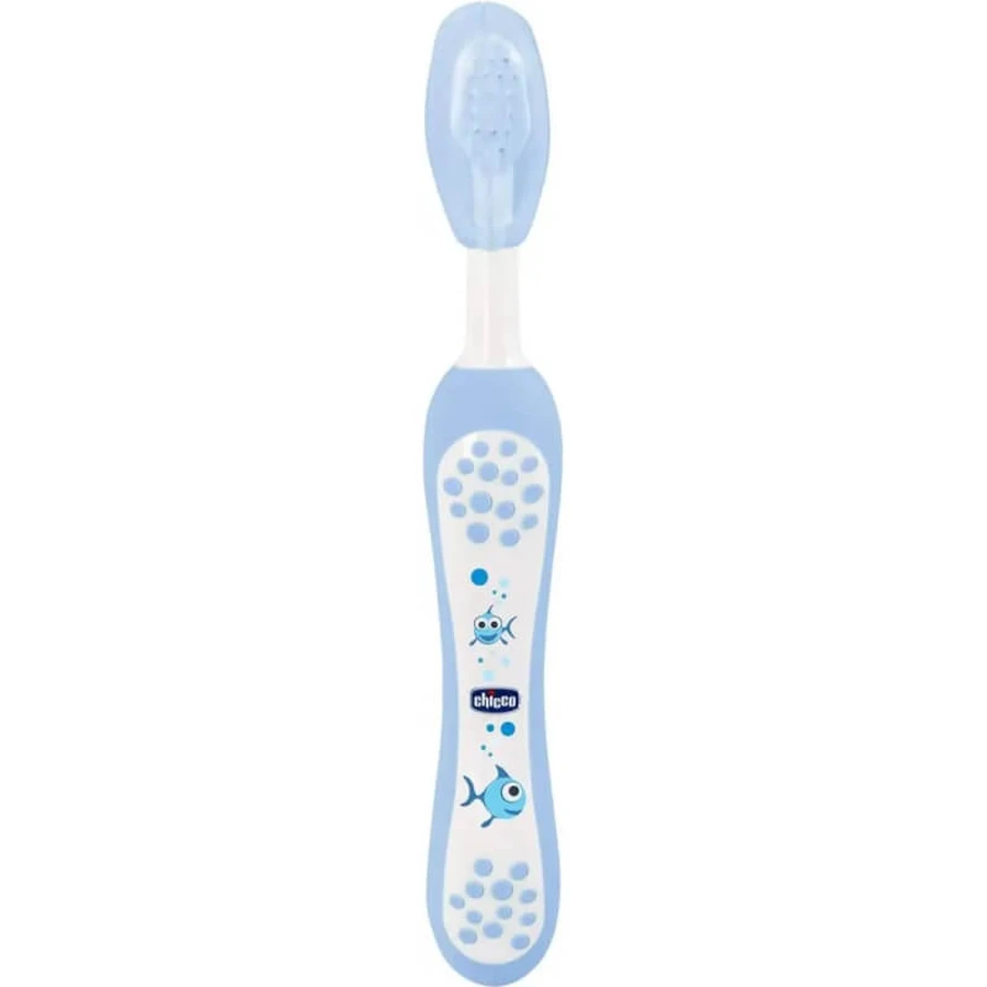 Kit d'hygiène bucco-dentaire Chicco bleu avec brosse à dents + dentifrice fraise 12m+.