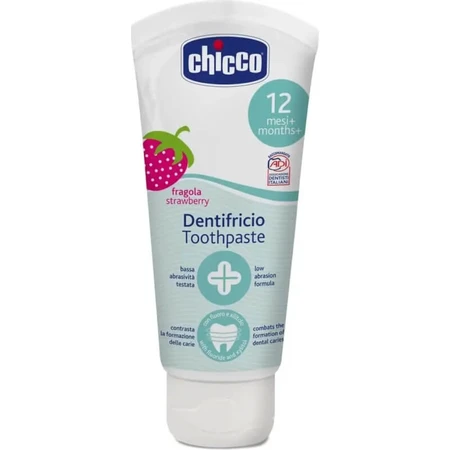 Kit d'hygiène bucco-dentaire Chicco bleu avec brosse à dents + dentifrice fraise 12m+.