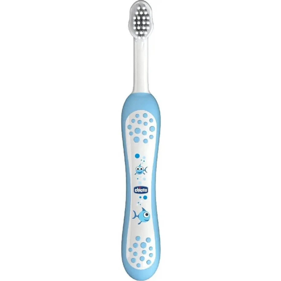 Kit d'hygiène bucco-dentaire Chicco bleu avec brosse à dents + dentifrice fraise 12m+.
