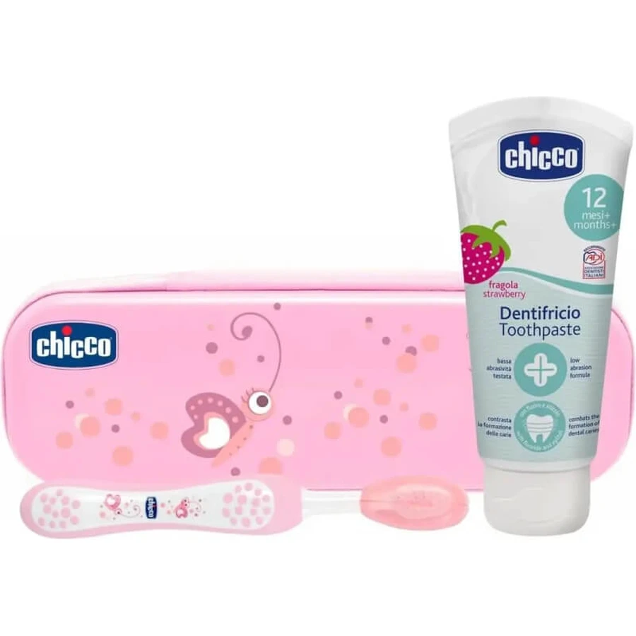 Kit d'hygiène bucco-dentaire Chicco bleu avec brosse à dents + dentifrice fraise 12m+.