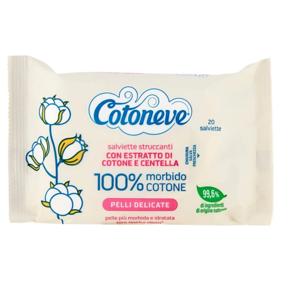 Cotoneve 20 lingettes démaquillantes pour peaux sensibles avec coton et centella