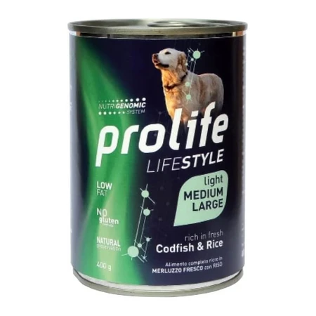 Prolife Lifestyle adult light bacalao &amp; arroz - alimento completo para perro adulto light m/l 400 gr.
