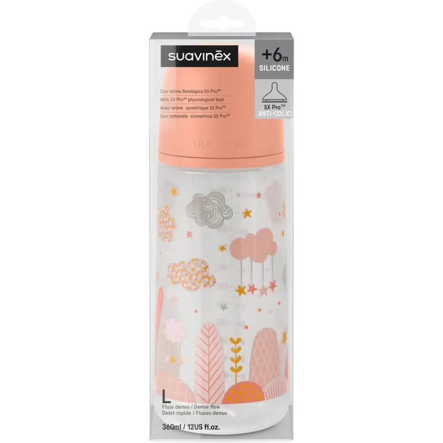 Suavinex dreams 6m+ - Flasche mit symmetrischem Sauger mit dichtem Durchfluss 360 ml - rosa