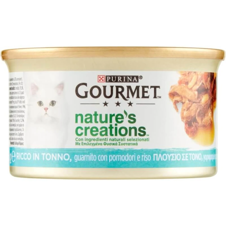 Purina gourmet nature's creations atún tomate y arroz - alimento completo para gatos adultos 85 gr