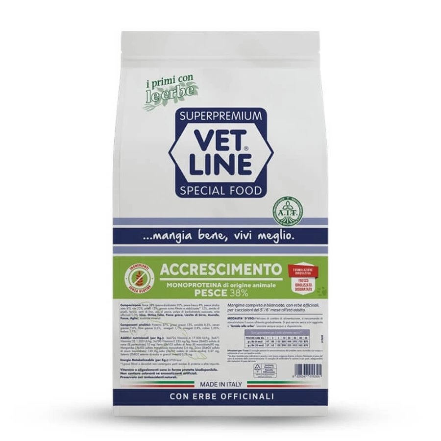Vet line Accrescimento monoproteico pesce - aliment complet pour chiens en croissance avec intolérances 12,5 kg