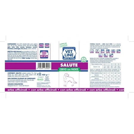 Vet line Health perro ciervo y patatas - alimento completo para perros ancianos, obesos o intolerantes 400 gr