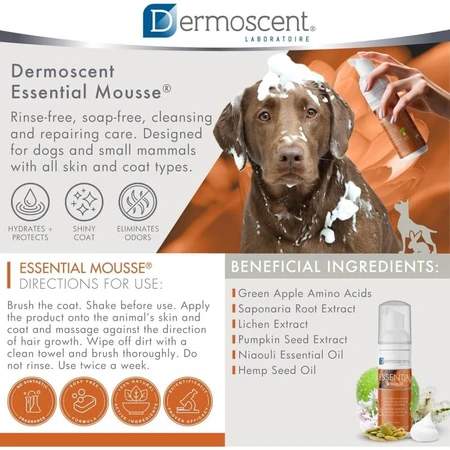 Dermoscent Essential mousse - wohltuende, feuchtigkeitsspendende Reinigung ohne Spülung für Hunde und Katzen 150 ml