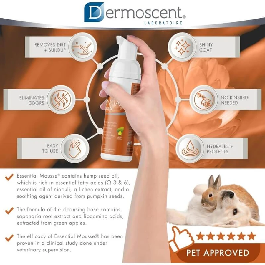 Dermoscent Essential mousse - wohltuende, feuchtigkeitsspendende Reinigung ohne Spülung für Hunde und Katzen 150 ml