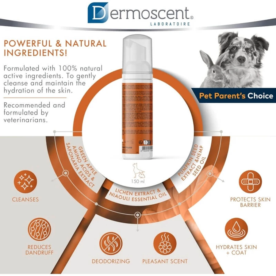 Dermoscent Essential mousse - wohltuende, feuchtigkeitsspendende Reinigung ohne Spülung für Hunde und Katzen 150 ml