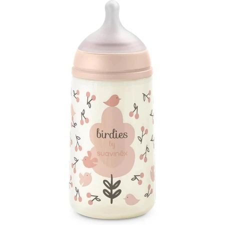 Suavinex birdies - baby bottle with silicone teat sx pro medium flow anticolic 3m+ pink 270 ml
