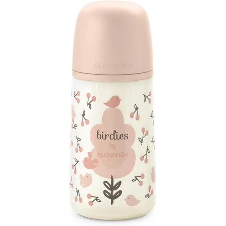 Suavinex birdies - baby bottle with silicone teat sx pro medium flow anticolic 3m+ pink 270 ml