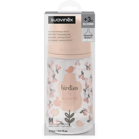 Suavinex birdies - baby bottle with silicone teat sx pro medium flow anticolic 3m+ pink 270 ml