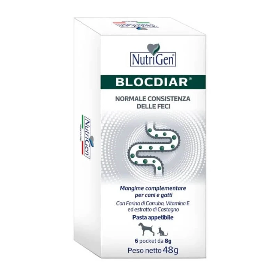 Nutrigen Blocdiar - Ergänzungsfuttermittel für Hunde und Katzen für das Wohlbefinden des Darms 6 Beutel 8 gr.