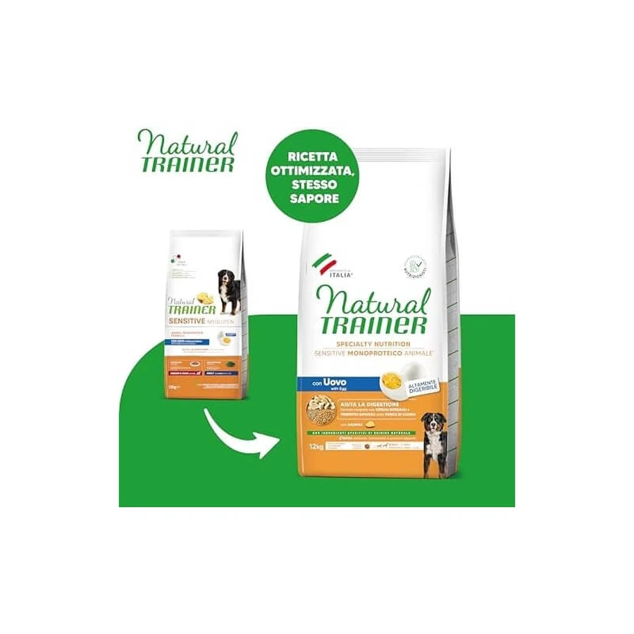 Natural trainer Sensitive sin gluten con huevo - alimento completo para perros adultos medianos y grandes 12 kg