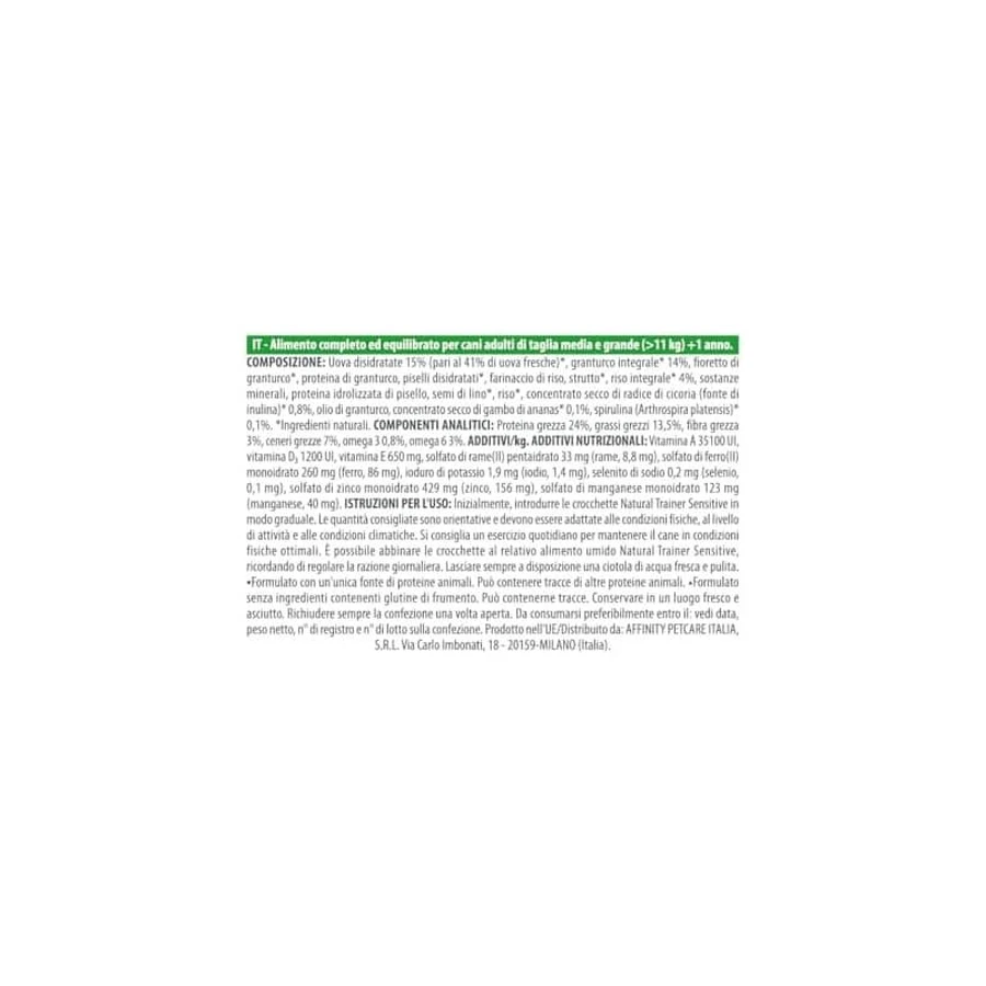Natural trainer Sensitive sin gluten con huevo - alimento completo para perros adultos medianos y grandes 12 kg