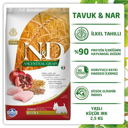 Farmina N&amp;d ancestral grain senior mini pollo y granada - alimento completo para perros senior pequeños 2,5 kg