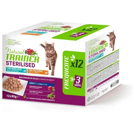 Natural trainer Bacalao y pavo - alimento completo para gatos adultos esterilizados 12 sobres 85 gr.
