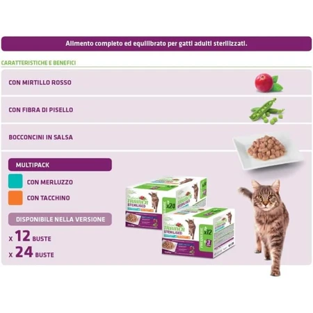 Natural trainer Bacalao y pavo - alimento completo para gatos adultos esterilizados 12 sobres 85 gr.