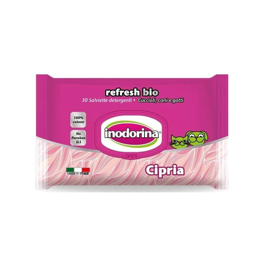 Inodorina Refresh bio - 30 biodegradable powder-scented wipes for dogs and cats