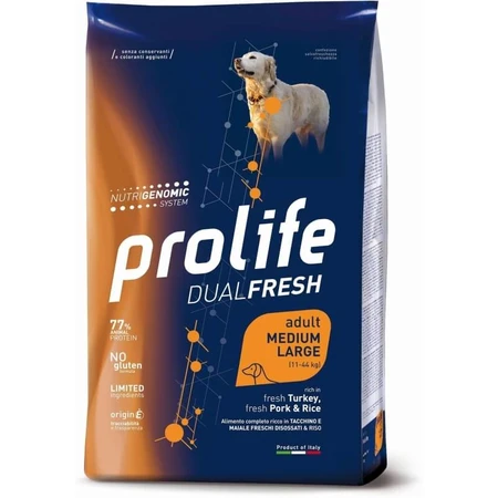 Prolife Dualfresh adult medium large mit Truthahn-Schweinefleisch &amp; Reis - Alleinfuttermittel für Hunde 12 kg