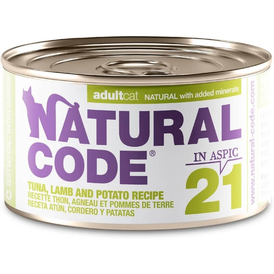Natural code 21 tonijn, lam en aardappelen - volledige voeding voor volwassen katten 85 gr.