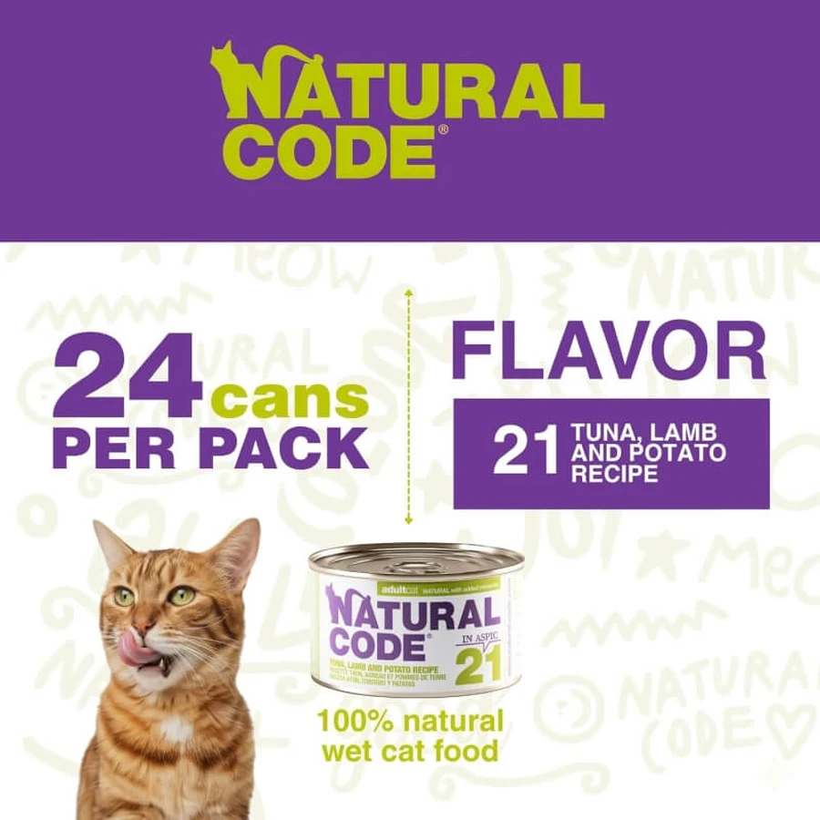 Natural code 21 tonijn, lam en aardappelen - volledige voeding voor volwassen katten 85 gr.