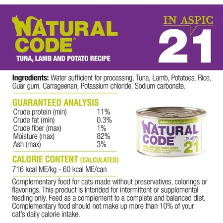 Natural code 21 tonijn, lam en aardappelen - volledige voeding voor volwassen katten 85 gr.