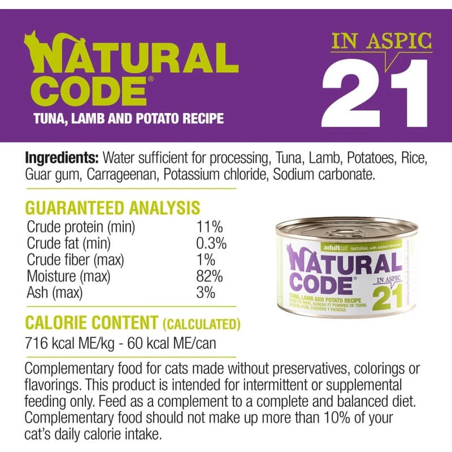 Natural code 21 tonijn, lam en aardappelen - volledige voeding voor volwassen katten 85 gr.